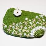 Embroidery Green Purse White And Beige Flowers..