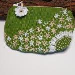 Embroidery Green Purse White And Beige Flowers..