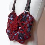 Crochet Bag Shoulderbag Purse Claret Blue Leather..