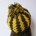 Chunky Crochet Hat Yellow Gray Soft Hat Pom Pom..
