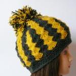 Chunky Crochet Hat Yellow Gray Soft Hat Pom Pom..