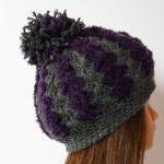 Chunky Crochet Hat Eggplant Gray Soft Hat Pom Pom..