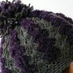Chunky Crochet Hat Eggplant Gray Soft Hat Pom Pom..