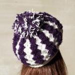 Pom Pom Crochet Hat Eggplant White Soft Hat