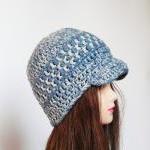 Blue Grey Unisex Hat Crocheted Newsboy Plaid Hat