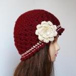 Claret Vanilla Crocheted Hat With Tree Ruffled..