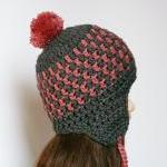 Pom Pom Plaid Crocheted Hat Grey Pink Plaid Cap