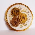 Embroidered Brooch Brown Mustard Crochet Roses