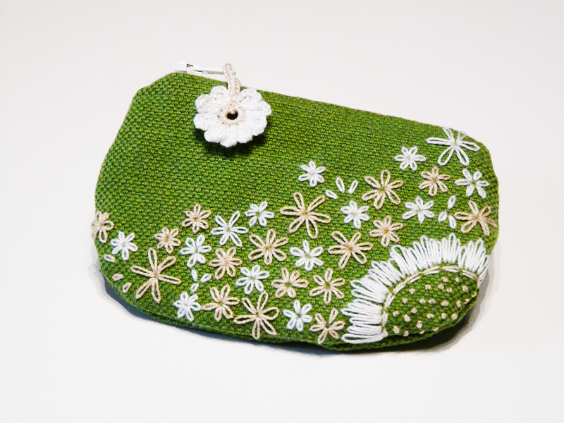 Embroidery Green Purse White And Beige Flowers Unique Pouch
