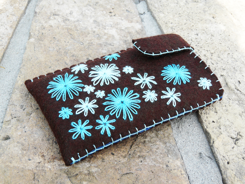 Felt Iphone Case Wool Iphone Sleeve Flowers Iphone Cover Brown And Turquoise