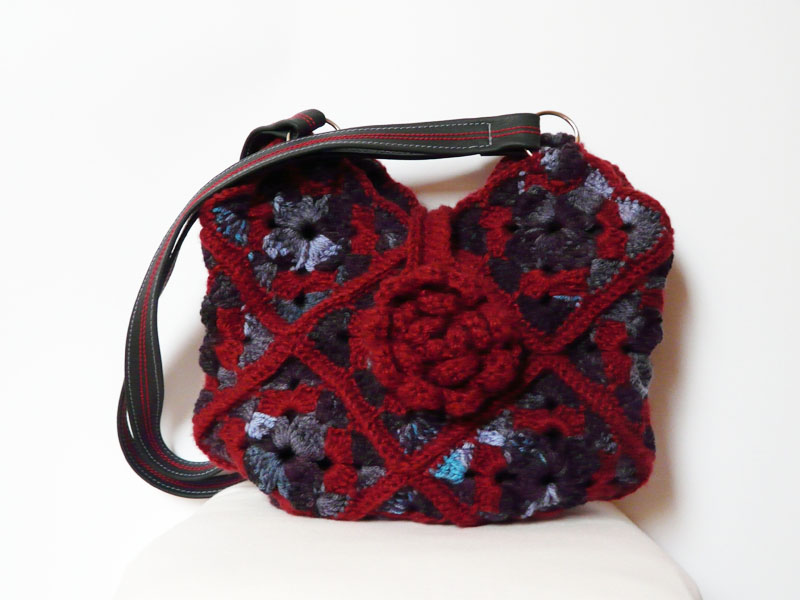 Crochet Bag Shoulderbag Purse Claret Blue Leather Strap