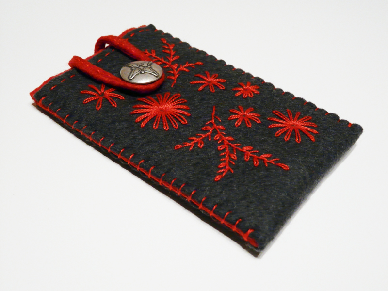 Felt Iphone Case Sleeve Phone Cover Grey Red Emboidery