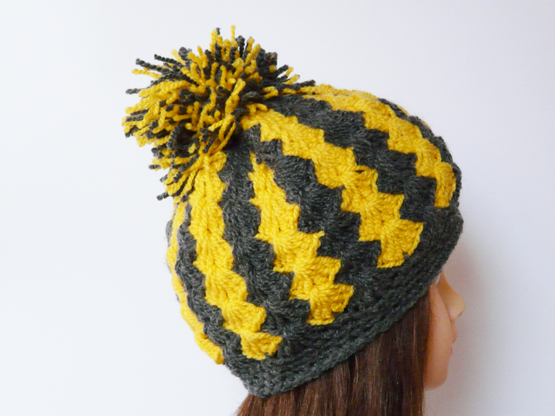 Chunky Crochet Hat Yellow Gray Soft Hat Pom Pom Hat