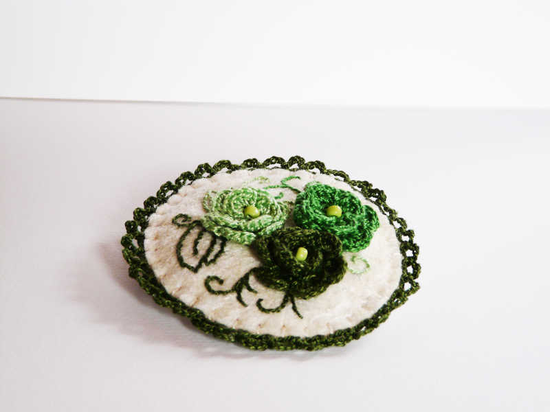 Felted Crocheted Brooch Green Roses Hand Embroidery